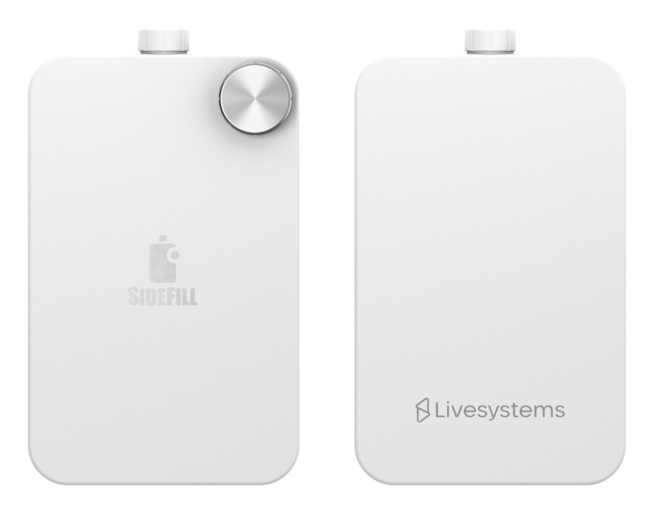 SideFill in Cloud White mit dem Logo von Livesystems, Vorder- und Rückseite