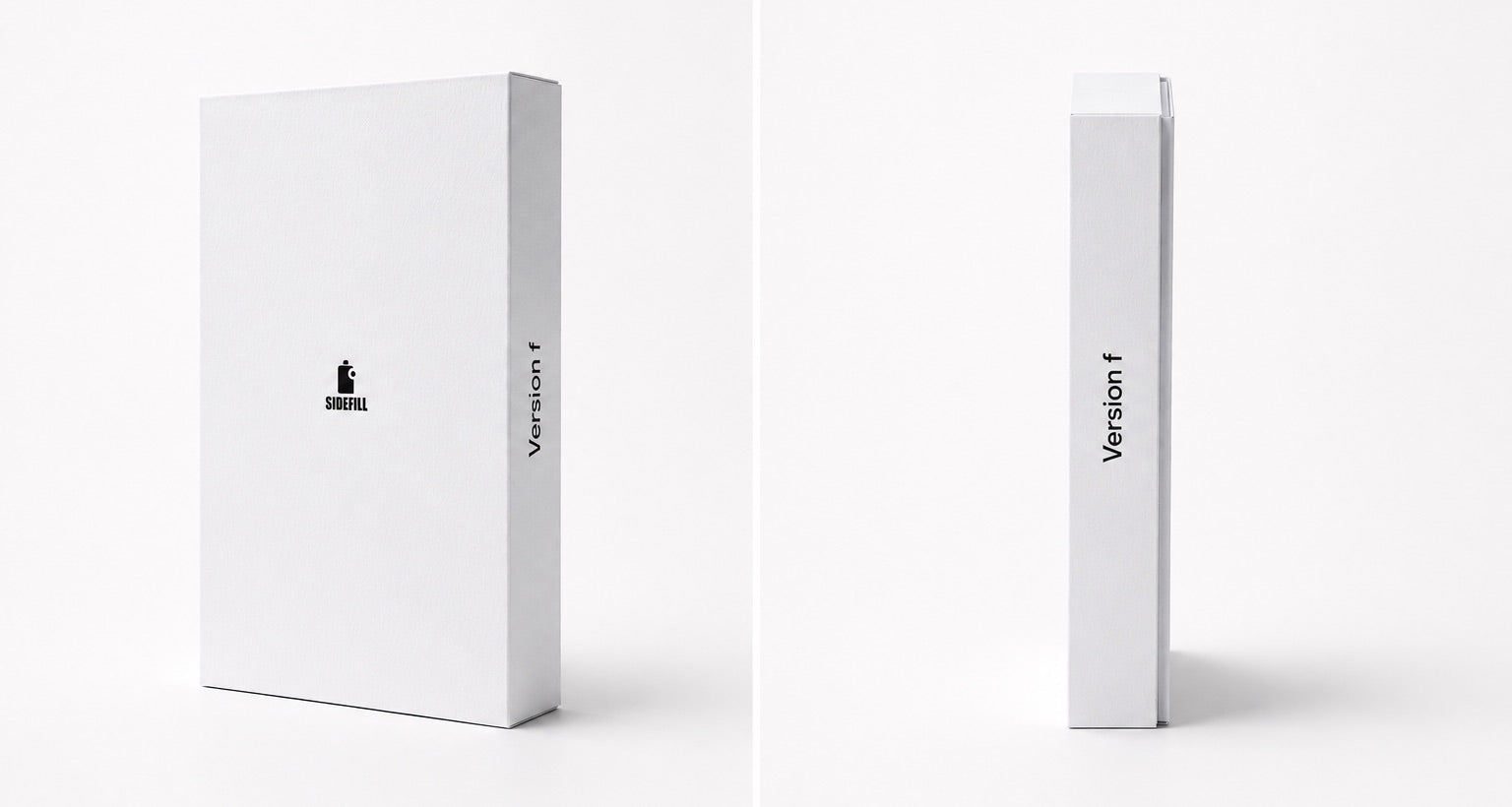 Geschlossene SideFill Hardcover-Box von vorne und von der Seite