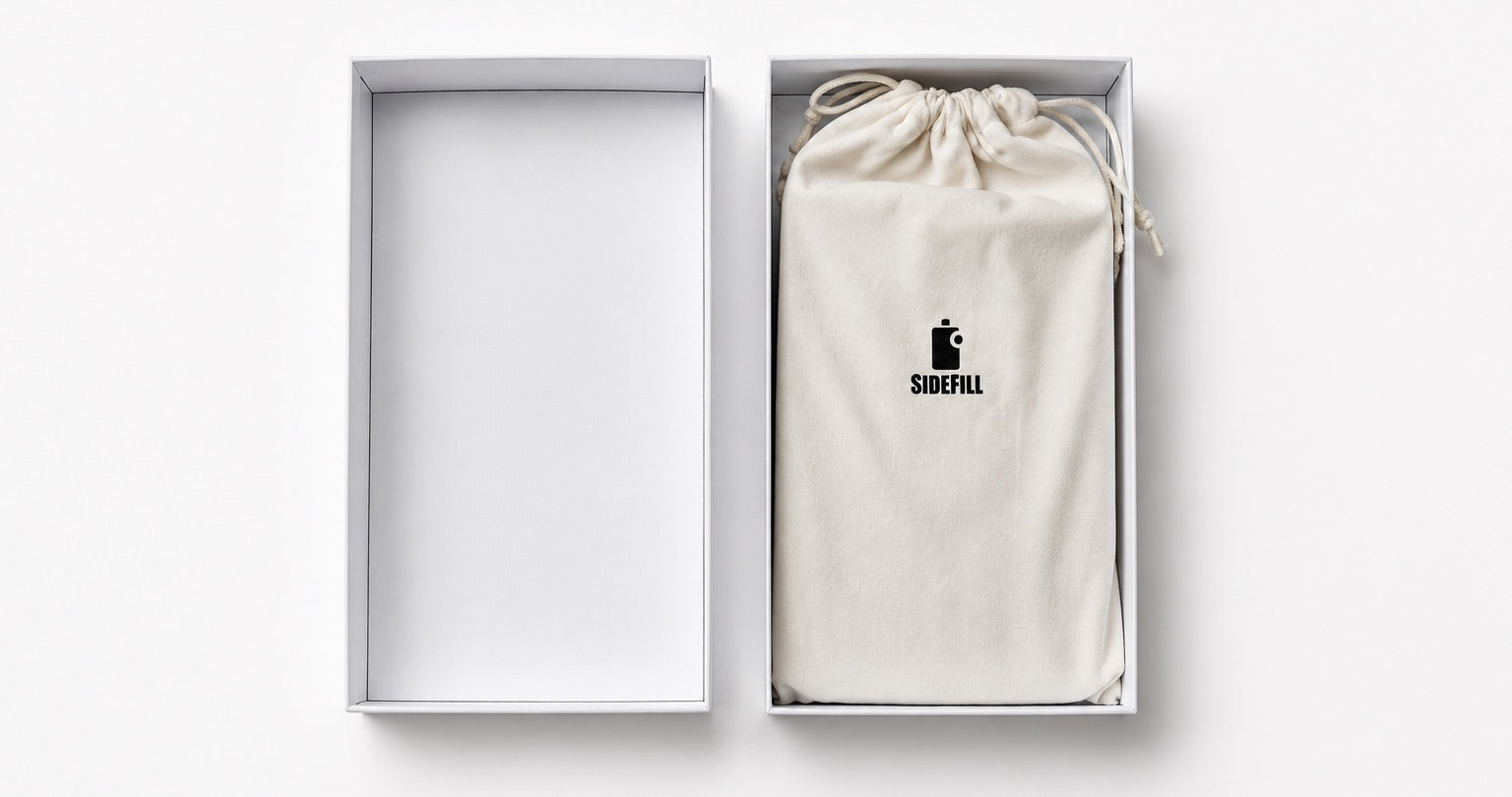 Geöffnete SideFill Box mit Stoffbeutel